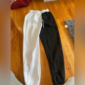 half black half white joggers